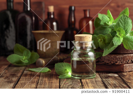 Fresh spearmint leaves and a small bottle with essential mint oil. 91900411