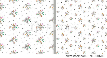 Nursery seamless patterns, collection of 2. Hand drawn doodle flower composition, leaf, heart. Tender pastel baby color palette. Transparent background. Vector 91900600