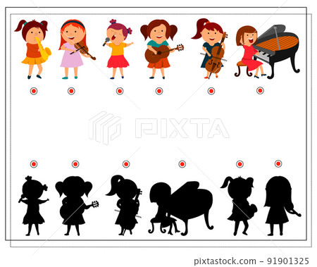 A logical game for children to find the right shadow. children are musicians. vector isolated 91901325