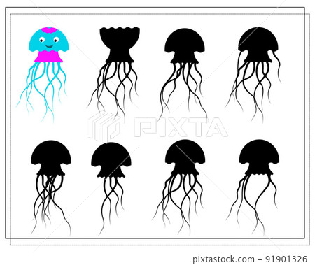 Puzzle game for kids find the right shadow. Choose a shade for the sea creatures jellyfish. vector Puzzle game for kids find the right shadow. Choose a shade for the sea creatures jellyfish. vector 91901326