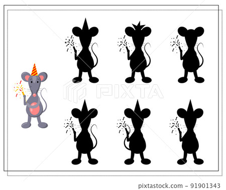 A logical game for children, Find a shadow. cute cartoon rat, birthday, vector isolated 91901343