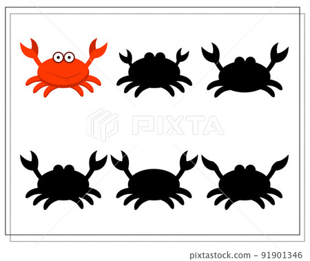 Puzzle game for kids find the right shadow. Choose a shade for the sea creatures, cartoon crab Puzzle game for kids find the right shadow. Choose a shade for the sea creatures, cartoon crab 91901346
