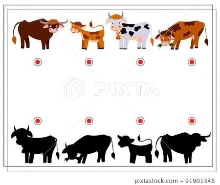 Children's logic game find the right shadow. Cow, bull, calf. Vector isolated on a white background Children's logic game find the right shadow. Cow, bull, calf. Vector isolated on a white background 91901348