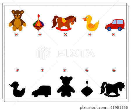 Children's logic game, find the right shadow. children's toys, teddy bear, horse, car, duck. vector Children's logic game, find the right shadow. children's toys, teddy bear, horse, car, duck. vector 91901366