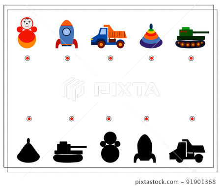Children's logic game, find the right shadow. children's toys, tank, pyramid, rocket, car. vector 91901368