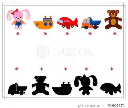 Children's logic game, find the right shadow. children's toys, airplane, ship, teddy bear. vector Children's logic game, find the right shadow. children's toys, airplane, ship, teddy bear. vector 91901371