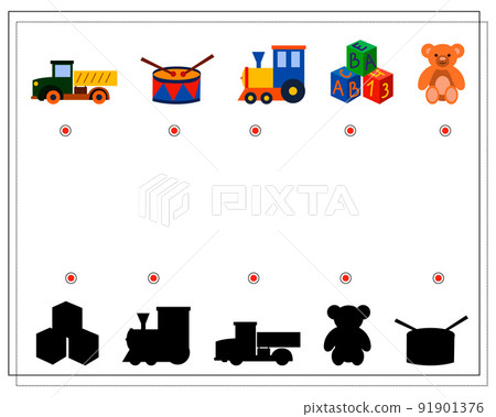 Children's logic game, find the right shadow. children's toys, teddy bear, cubes, car, train. vector Children's logic game, find the right shadow. children's toys, teddy bear, cubes, car, train. vector 91901376
