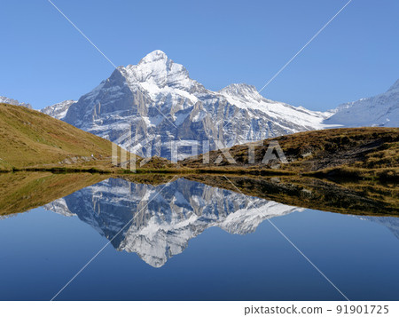 Rocky mountains and reflection on the surface of the lake. Landscape in Grindelwald, Switzerland. the highlands in the summertime 91901725
