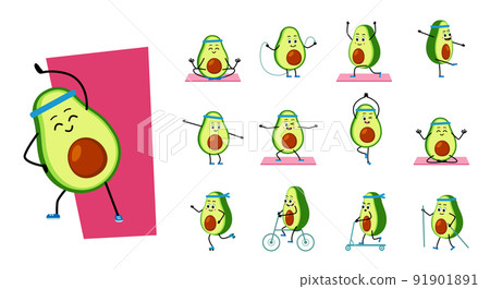 Avocado character does yoga. Outdoor sports. Set Vector Avocado character does yoga. Outdoor sports. Set Vector 91901891