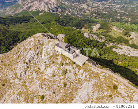 Montenegro. Lovcen National Park. Mausoleum of Negosh on Mount Lovcen. Drone. Aerial view. Viewpoint. Popular tourist attraction. Petar II Petrovic-Njegos mausoleum on the top of mount Lovchen in 91902281