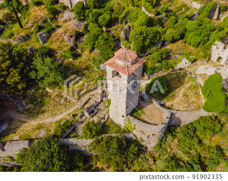 Old city. Sunny view of ruins of citadel in Stari Bar town near Bar city, Montenegro. Drone view 91902335