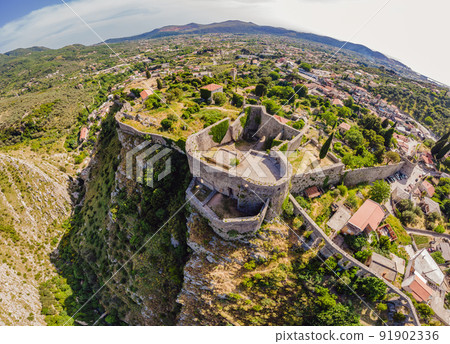 Old city. Sunny view of ruins of citadel in Stari Bar town near Bar city, Montenegro. Drone view 91902336