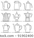 Set of flat design vector images of coffee pot drawn in art line style. 91902400