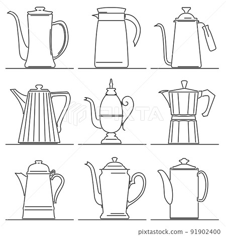 Set of flat design vector images of coffee pot drawn in art line style. Set of flat design vector images of coffee pot drawn in art line style. 91902400