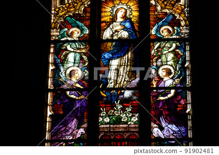 Stained glass window detail with Biblical scene 91902481