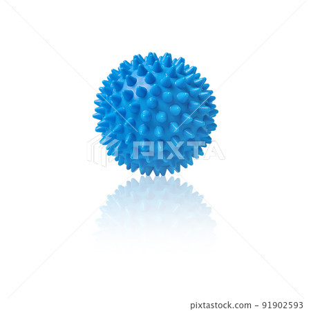 Blue plastic spiny massage ball isolated on white. Concept of physiotherapy or fitness. Closeup of a colorful rubber ball for dog teeth on a white color background. Corona virus model. Blue plastic spiny massage ball isolated on white. Concept of physiotherapy or fitness. Closeup of a colorful rubber ball for dog teeth on a white color background. Corona virus model. 91902593