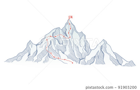 Mountain climbing route to top rock with red flag on peak. Business journey path in progress, way to success or concept of goal. Vector polygon dot connect line style Mountain climbing route to top rock with red flag on peak. Business journey path in progress, way to success or concept of goal. Vector polygon dot connect line style 91903200