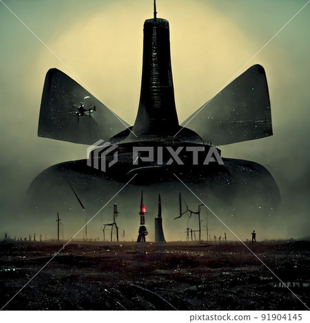 Post Apocalyptic Landscape. Large Broken Turbine on a Field with Radioactive Contamination 91904145