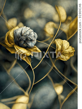 Abstract Floral Background. Blue and Gold Flourishes on Blurred Background Abstract Floral Background. Blue and Gold Flourishes on Blurred Background 91904146