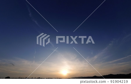 Early summer evening view with upper clouds and contrails, ultra-wide-angle, sky-based, 220514pm 91904219