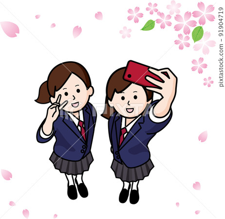 Girl student taking a selfie and cherry blossoms 91904719