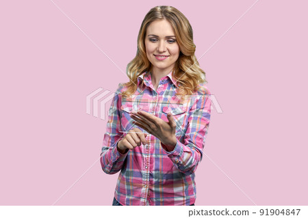 Happy young woman with futuristic digital tablet pc having video call. 91904847