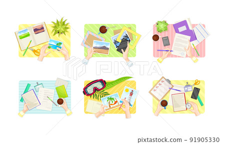 View from above of human hands putting photo in frame and sending postcards set vector illustration View from above of human hands putting photo in frame and sending postcards set vector illustration 91905330