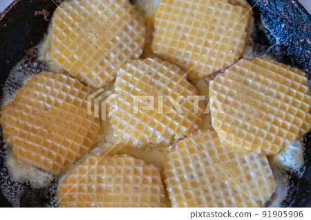 Cooking waffle crusts stuffed with minced meat. Step by step sequence. Portion of waffle brizole is fried in a pan. Home cooking. Selective focus. Cooking waffle crusts stuffed with minced meat. Step by step sequence. Portion of waffle brizole is fried in a pan. Home cooking. Selective focus. 91905906