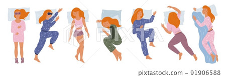 Girl sleep positions. Sleeping woman in pajamas. Different poses. Pretty lady dreams. Pillows and blanket. Slumbering female top view. Night rest. Person lying in bed. Garish vector set Girl sleep positions. Sleeping woman in pajamas. Different poses. Pretty lady dreams. Pillows and blanket. Slumbering female top view. Night rest. Person lying in bed. Garish vector set 91906588