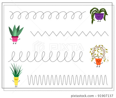 A handwriting learning game for kids, point to point. Cute cartoon kawaii flower pots. A handwriting learning game for kids, point to point. Cute cartoon kawaii flower pots. 91907137