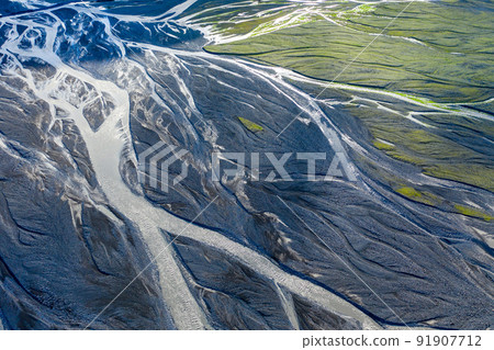 Aerial drone view of a huge riverbed, Iceland Aerial drone view of a huge riverbed, Iceland 91907712