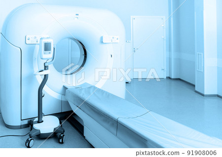 Medical CT or MRI Scan in the modern hospital laboratory. Interior of radiography department. Technologically advanced equipment in white room. Magnetic resonance diagnostics machine. 91908006