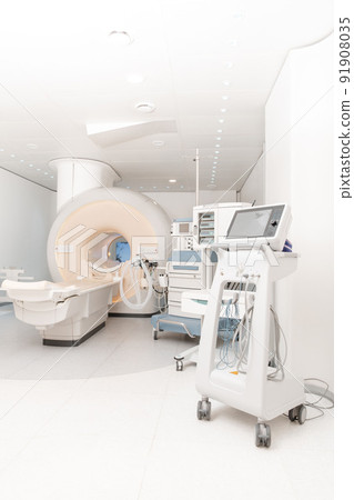 Medical CT or MRI Scan in the modern hospital laboratory. Interior of radiography department. Technologically advanced equipment in white room. Magnetic resonance diagnostics machine. 91908035