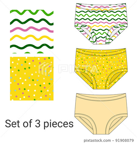 Set of polka dot underpants and stripes. Girls knickers technical sketch. Fashion catalog design. Children's panties template 91908079