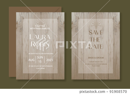 Wood wedding invitation template set with wood background for party, greeting card. 91908570
