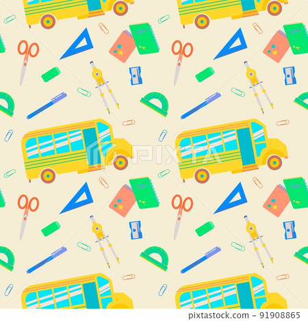 Back to school Seamless pattern with ruler, school bus, compass, scissors, sharpener, lunchbox, notebook, clip. Vector illustration for teenagers or children. Back to school Seamless pattern with ruler, school bus, compass, scissors, sharpener, lunchbox, notebook, clip. Vector illustration for teenagers or children. 91908865