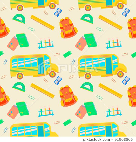 Back to school Seamless pattern with ruler, school bus, eraser, test tubes, backpack, sharpener. Vector flat illustration for teenagers or children. 91908866