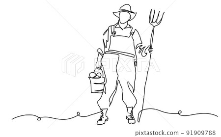 Farmer man with pitchfork and bucket. Vector background, banner, poster. One continuous line art drawing illustration of farmer with pitchfork 91909788