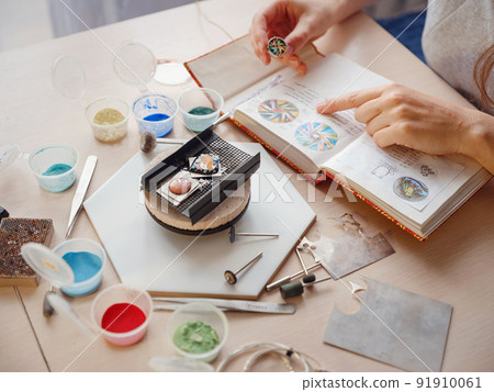 Jewelry designer workplace at home. 91910061