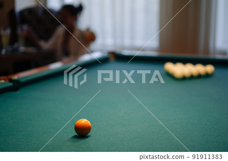 High Angle View Of Balls Billiard On Table. 91911383