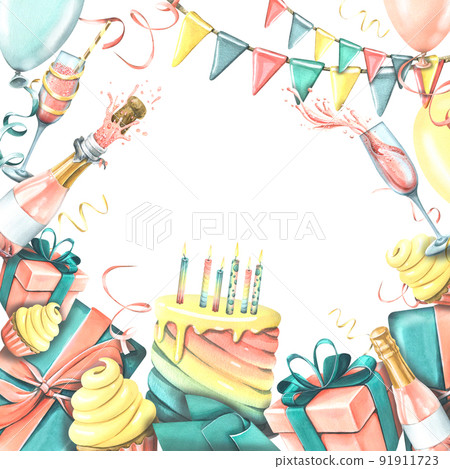The square frame is bright, congratulatory. Watercolor illustration from a large set of HAPPY BIRTHDAY. For the design and decoration of postcards, posters, banners. photo zones, ads invitations. The square frame is bright, congratulatory. Watercolor illustration from a large set of HAPPY BIRTHDAY. For the design and decoration of postcards, posters, banners. photo zones, ads invitations. 91911723