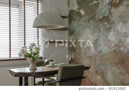 Modern Japandi interior design appartment in earth tones, natural textures with wooden solid oak furniture and sliding Japanese wood doors. Japandi concept Modern Japandi interior design appartment in earth tones, natural textures with wooden solid oak furniture and sliding Japanese wood doors. Japandi concept 91912065