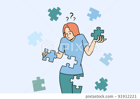 Confused woman connect puzzles rebuild personality  91912221