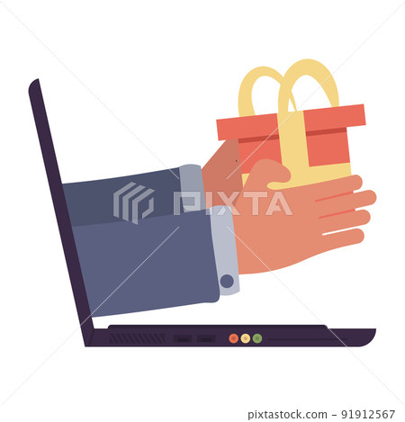 Laptop computer and hand hold gift vector illustration online business technology. Internet delivery and shopping e-commerce product design. Order sale service and shop shipping to customer box. 91912567
