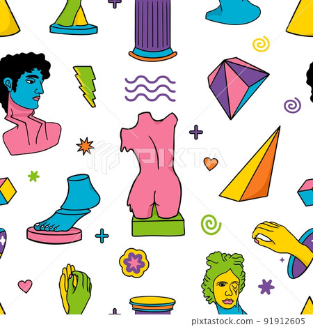 Greek trippy sculpture pattern. Cartoon vector posters and banners for textiles and packaging in a psychedelic trip style. 91912605