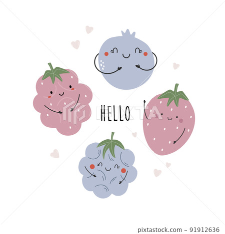 Vector illustration with funny characters strawberry, blueberry, raspberry, blackberry. Vector illustration with funny characters strawberry, blueberry, raspberry, blackberry. 91912636