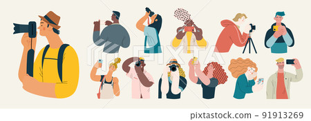 People portrait - Taking photos -Modern flat vector concept illustration of a people taking photo with a phone or camera, half-length portrait, user avatar. Creative landing web page template 91913269