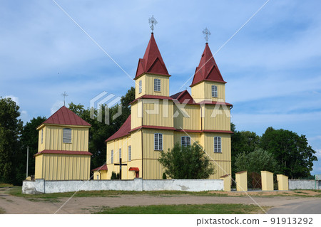 Old ancient wooden church of the Nativity of the Virgin Mary in Dudy village, Grodno region, Belarus. Old ancient wooden church of the Nativity of the Virgin Mary in Dudy village, Grodno region, Belarus. 91913292