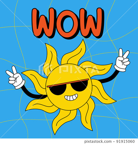 Funny cartoon character. Groovy element funky sun in dark glasses with gloved hands. Wow. Vector illustration trendy retro cartoon style. Comic element for sticker, square poster, card. 91915060