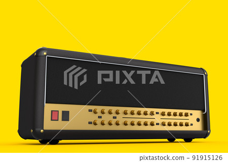 Classical electric and acoustic guitar amplifier isolated on yellow background. 91915126